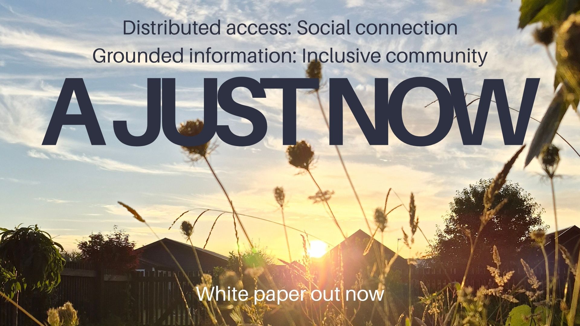 Photograph of setting sun in suburban garden, text A Just Now, Distributed access: Social connection: Grounded information: Inclusive communities. White paper out now